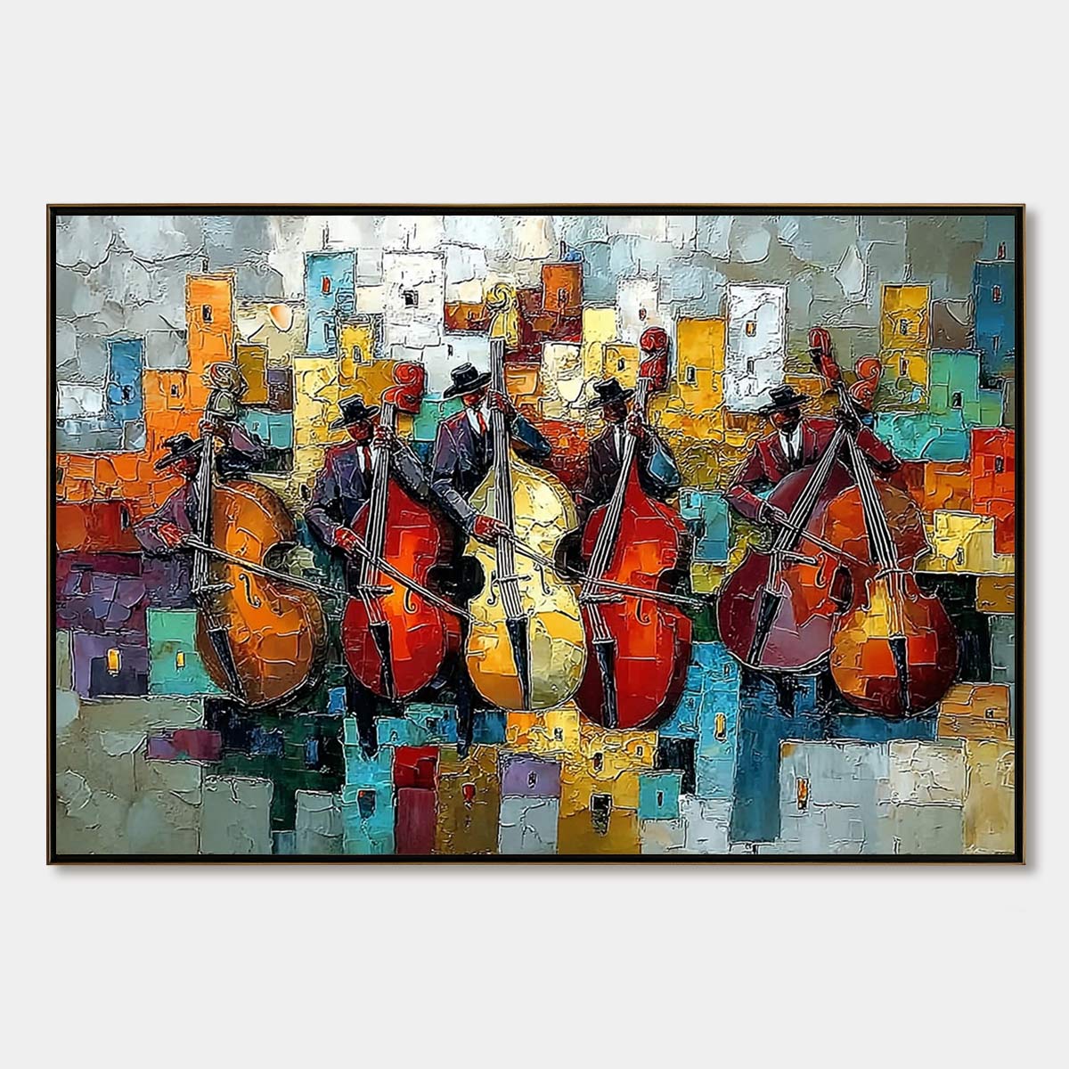 URBAN SERENADE: Vibrant Palette Knife Painting of Musicians in Cityscape