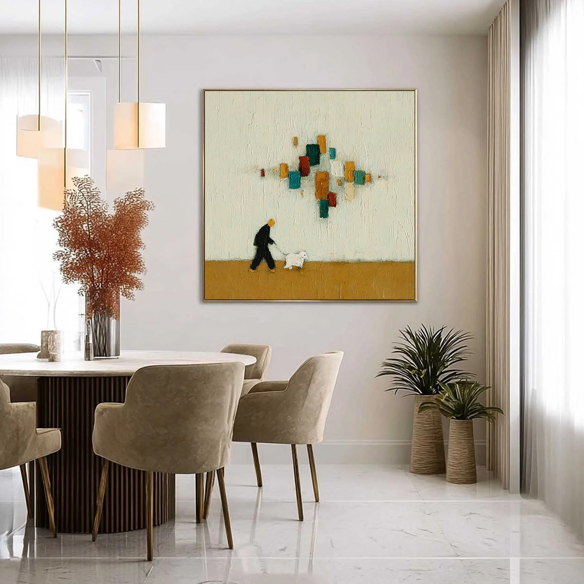 URBAN STROLL: Textured Figurative Abstract Painting of a Walk with a Companion