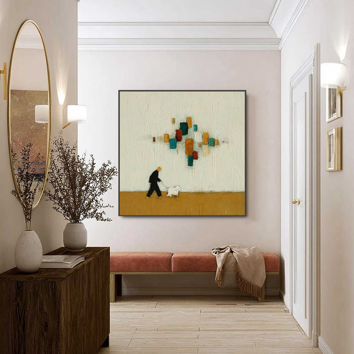 URBAN STROLL: Textured Figurative Abstract Painting of a Walk with a Companion
