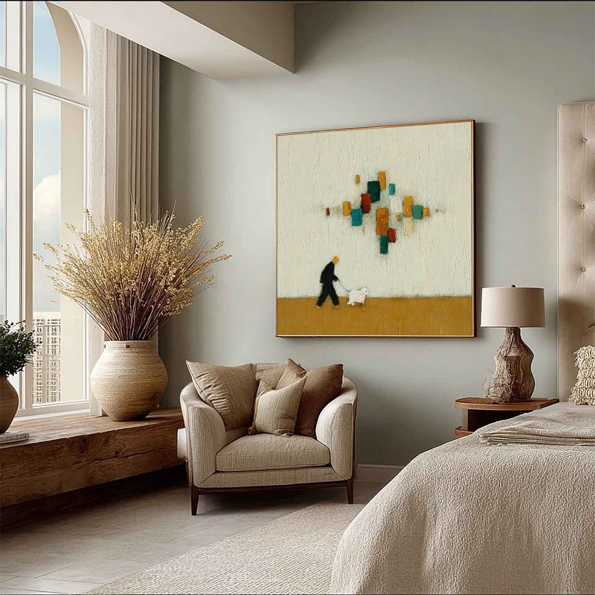 URBAN STROLL: Textured Figurative Abstract Painting of a Walk with a Companion