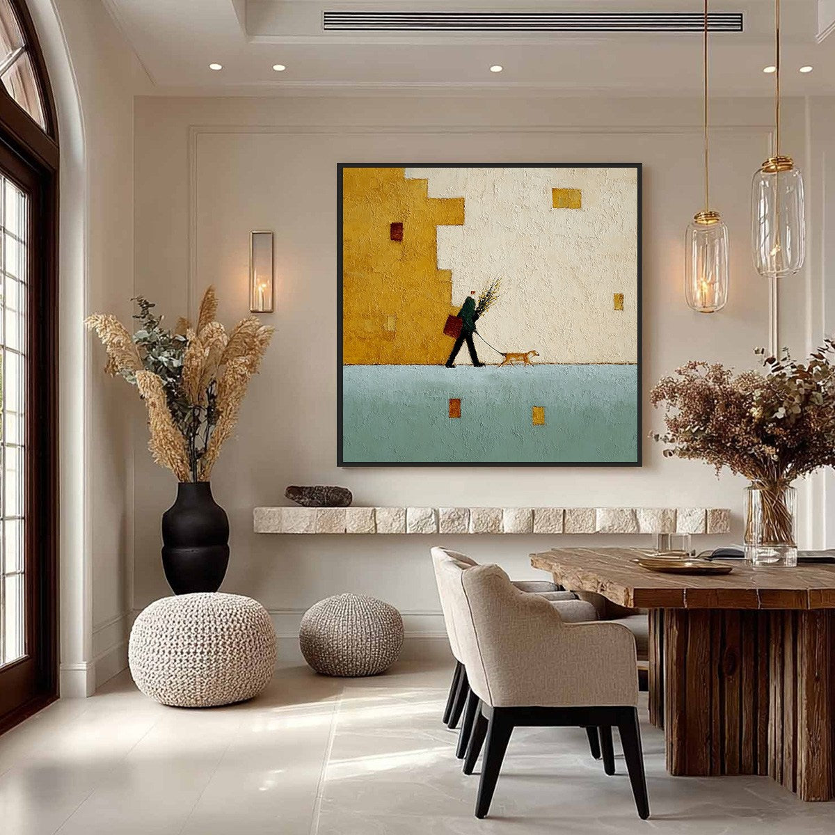 URBAN STROLL: Textured Minimalist Cityscape Painting of a Person Walking a Dog