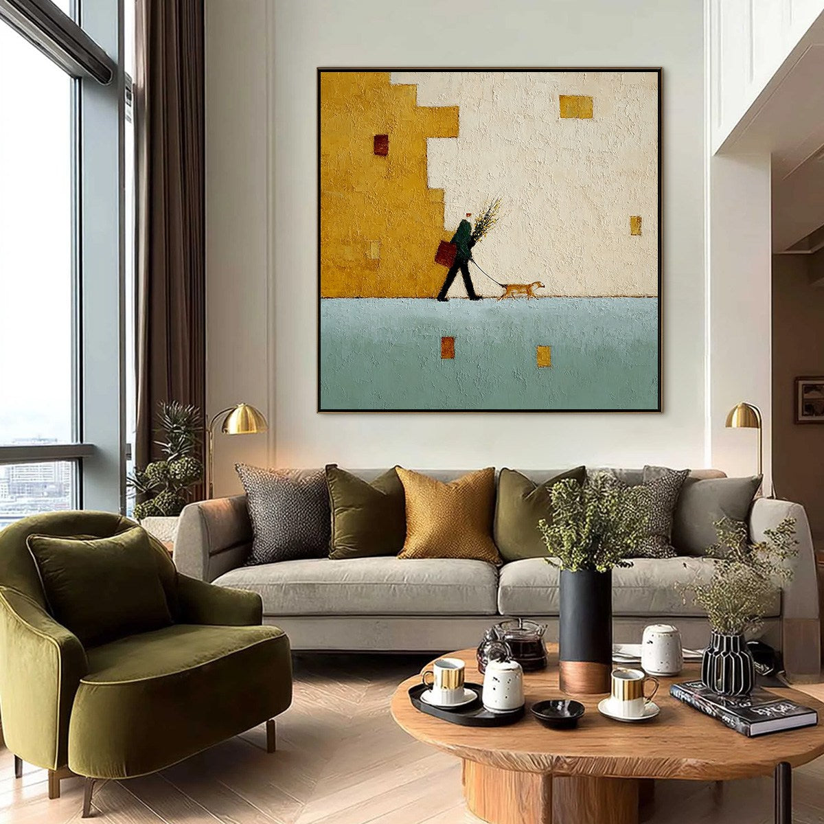 URBAN STROLL: Textured Minimalist Cityscape Painting of a Person Walking a Dog