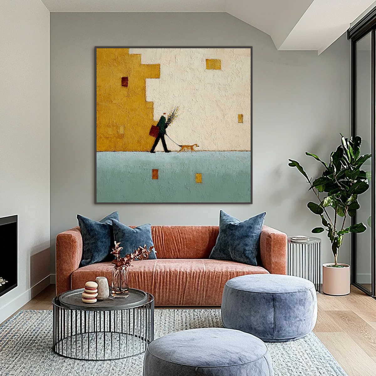 URBAN STROLL: Textured Minimalist Cityscape Painting of a Person Walking a Dog