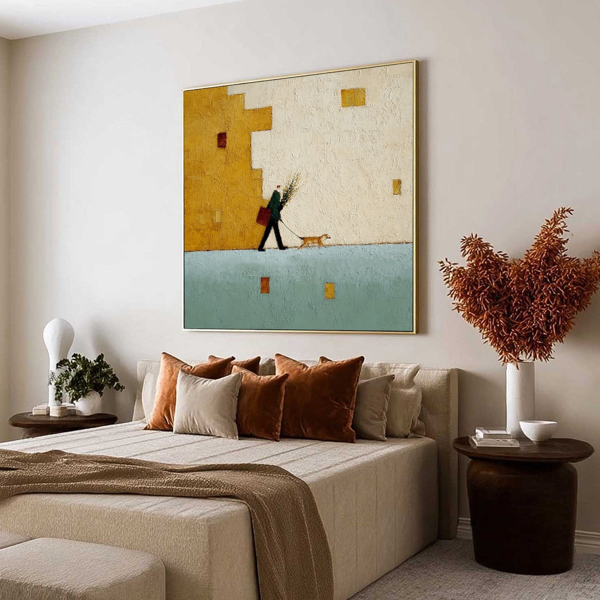 URBAN STROLL: Textured Minimalist Cityscape Painting of a Person Walking a Dog