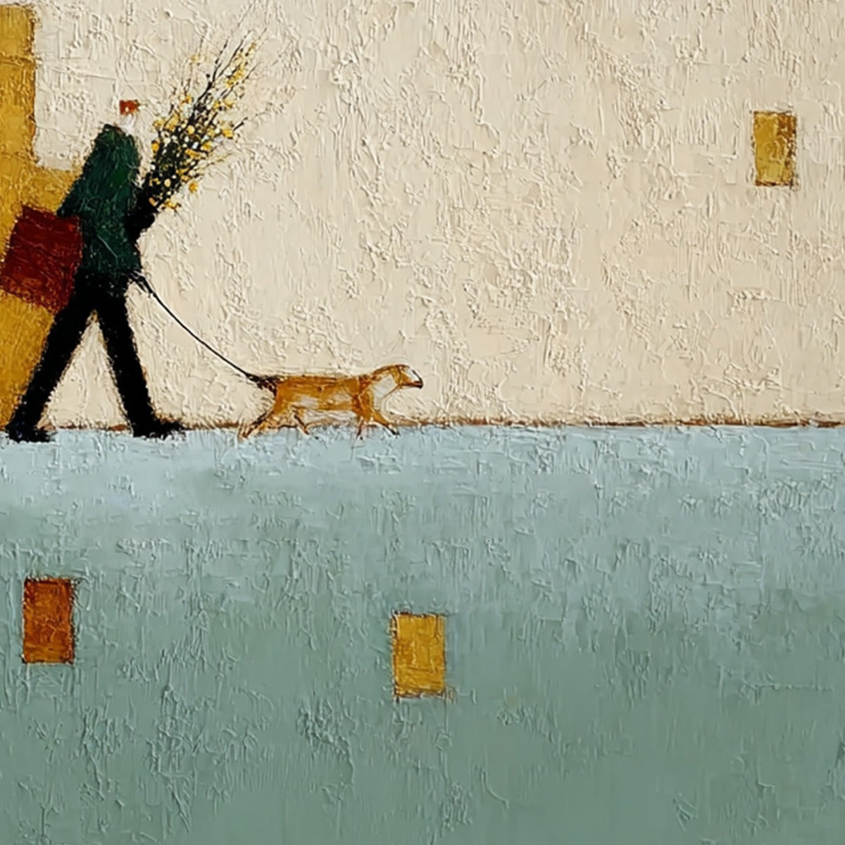 URBAN STROLL: Textured Minimalist Cityscape Painting of a Person Walking a Dog