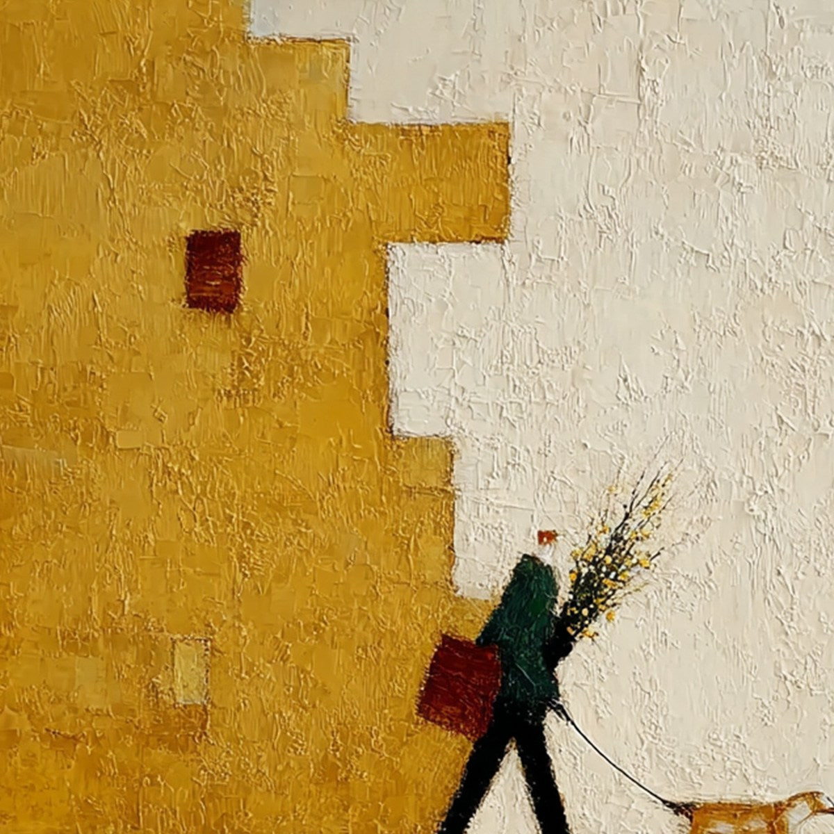 URBAN STROLL: Textured Minimalist Cityscape Painting of a Person Walking a Dog