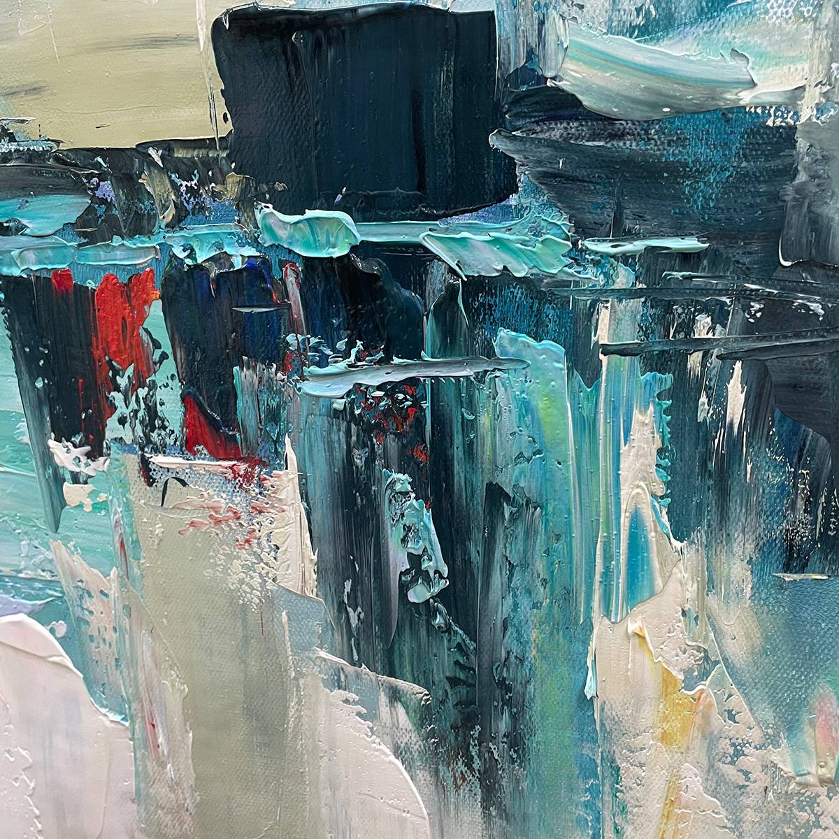 【処分特価】Richard Taubenek/リチャードタウベネク/油彩画/風景 Urban Reflections: Abstract Cityscape Impasto Oil Painting Canvas