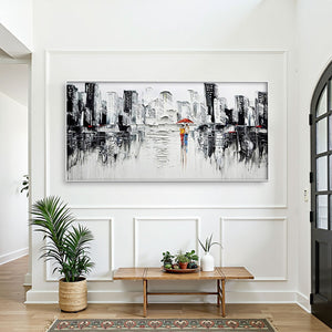 Urban Romance: Original Impasto Cityscape Oil Painting - Textured Black and White City Wall Art Decor