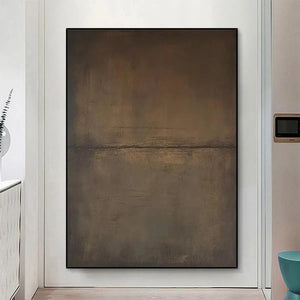 Umber Abstract Landscape by Liam O'Connell: Earthy-toned, minimalist abstract art in a black frame, perfect for home decor.