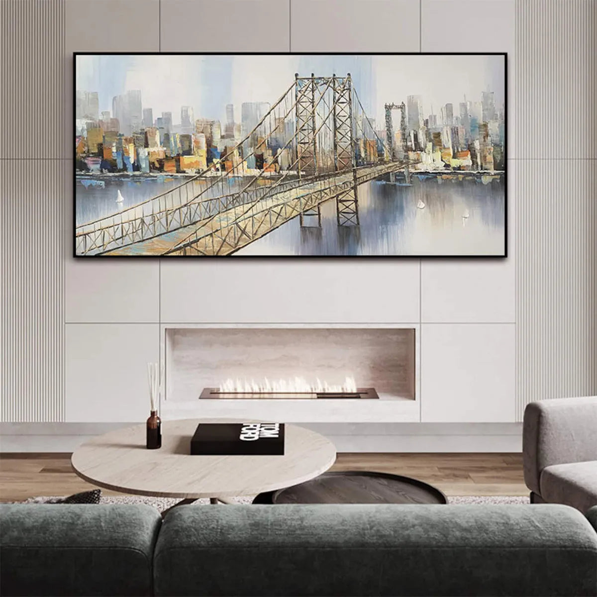 Urban Connectivity: Panoramic Cityscape Oil Painting with Bridge on Canvas