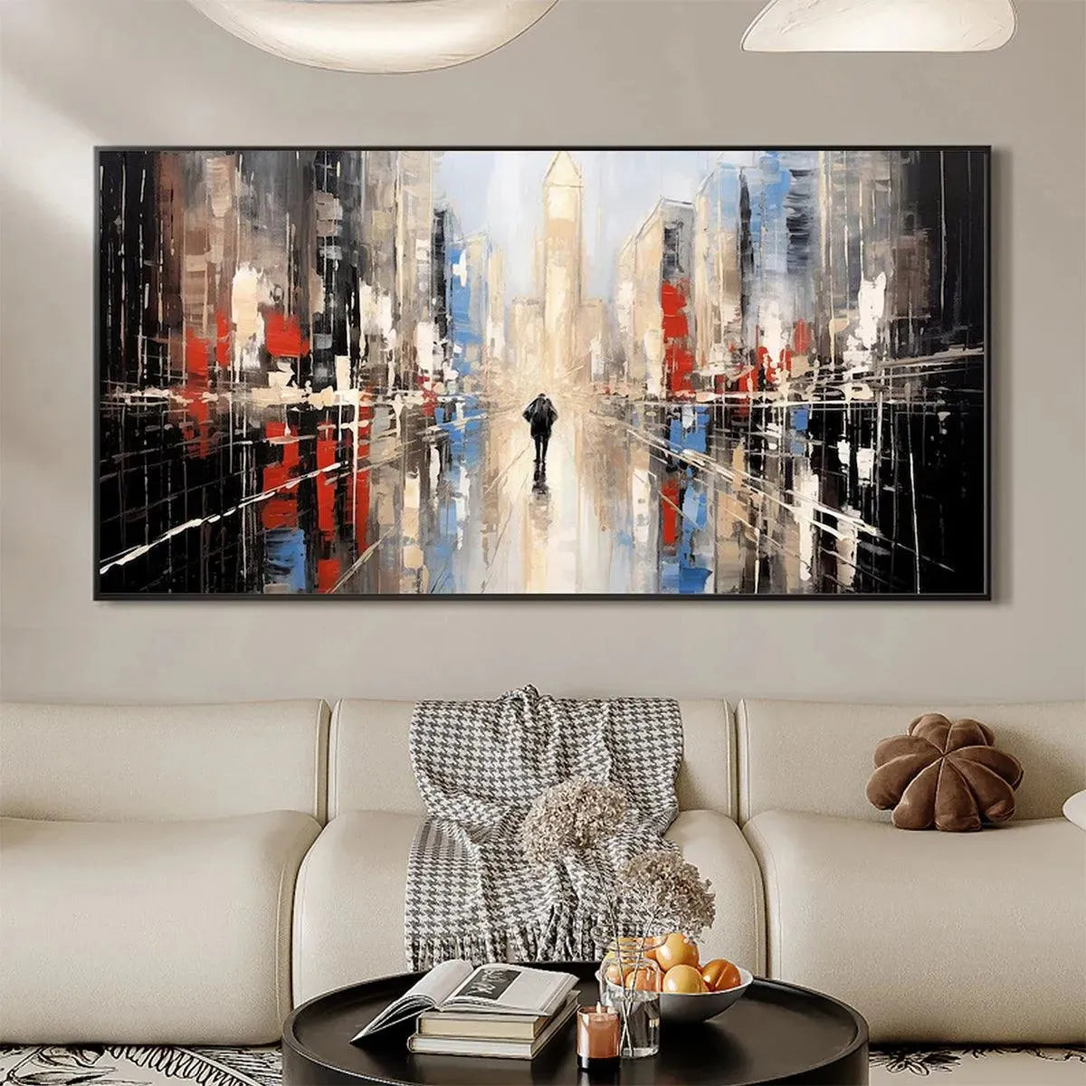 Minimalist Urban Solitude cityscape by Javier Ramirez, solitary figure, red & blue reflections, in a modern living room.