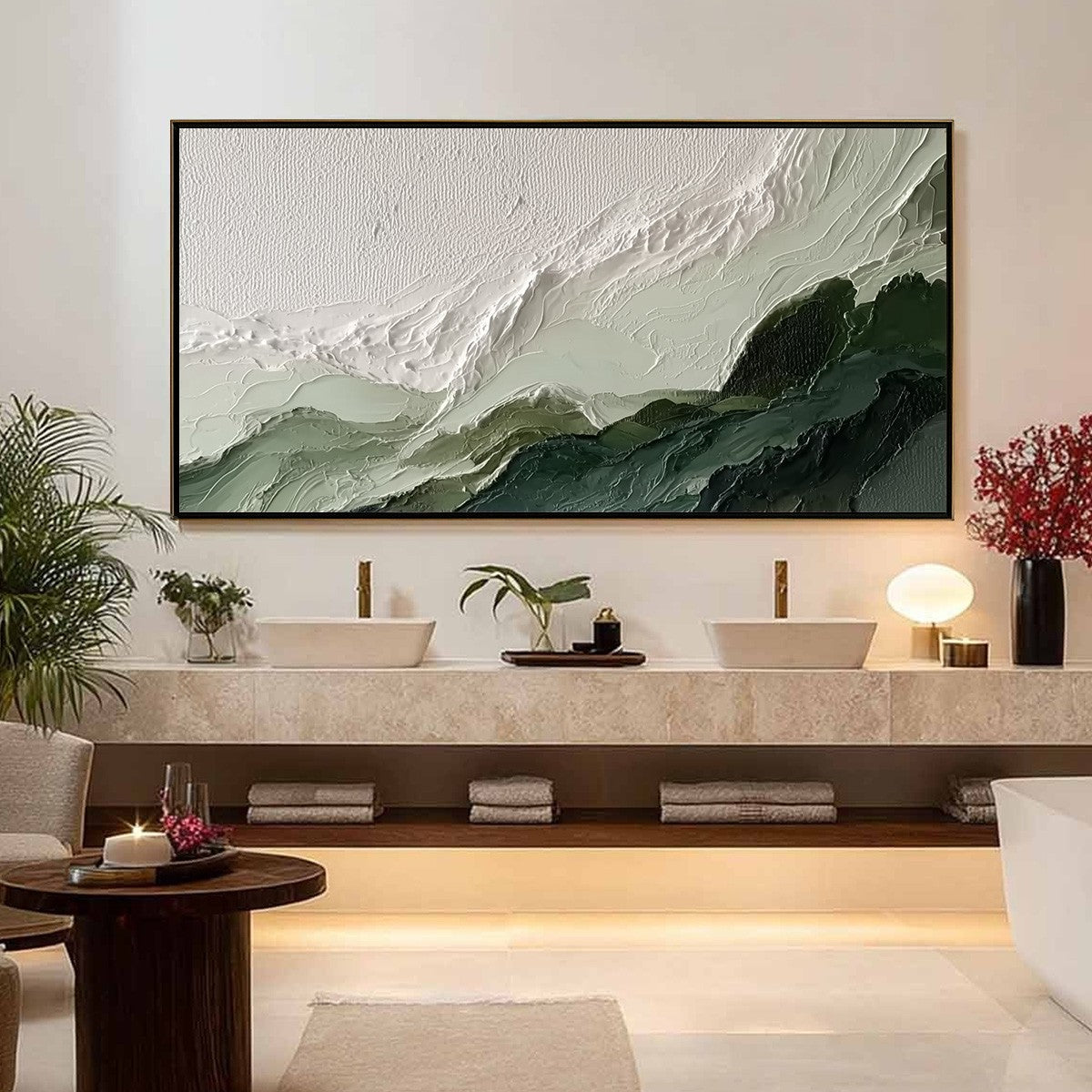 VERDANT ASCENT: Textured Wabi Sabi Mountain Landscape Painting