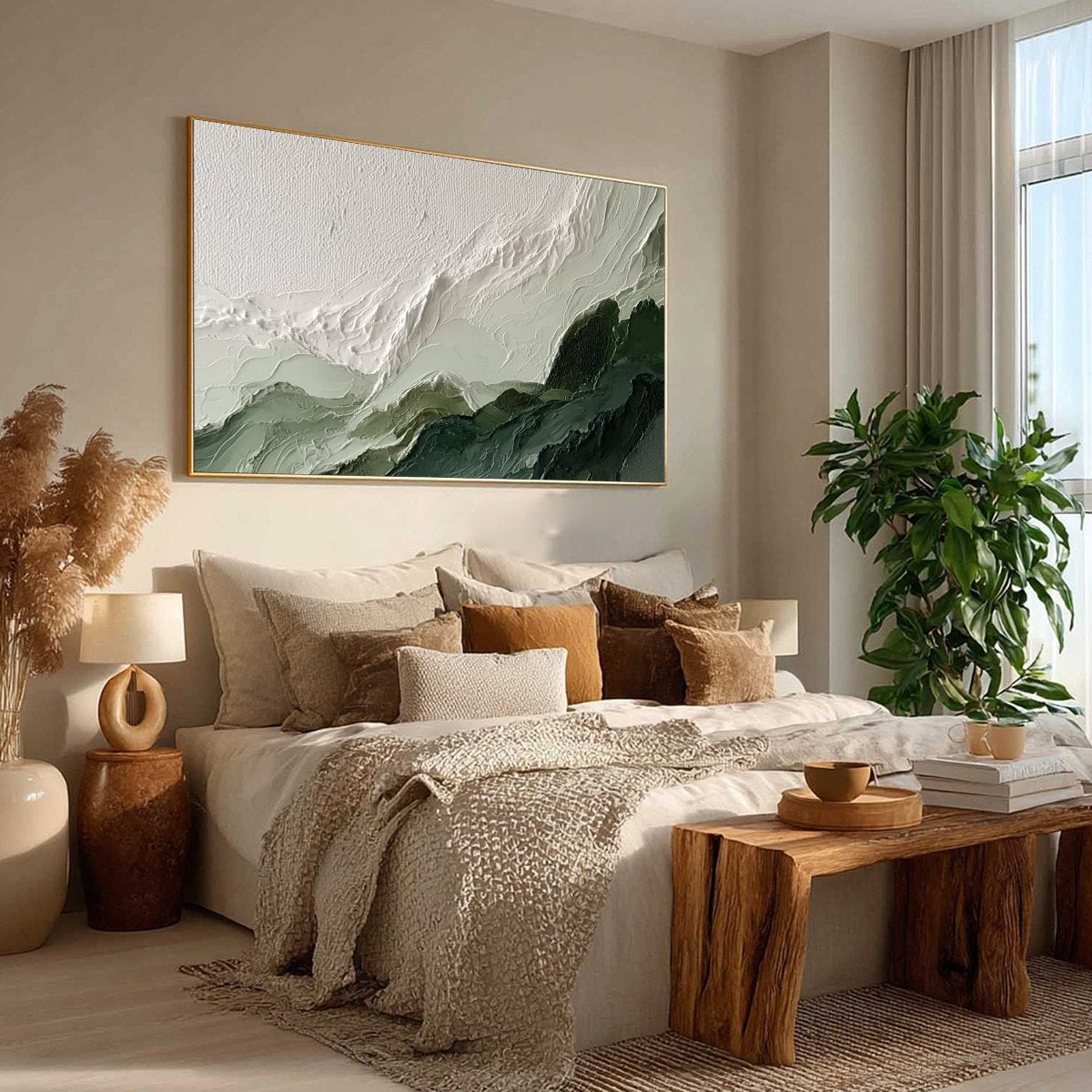 VERDANT ASCENT: Textured Wabi Sabi Mountain Landscape Painting