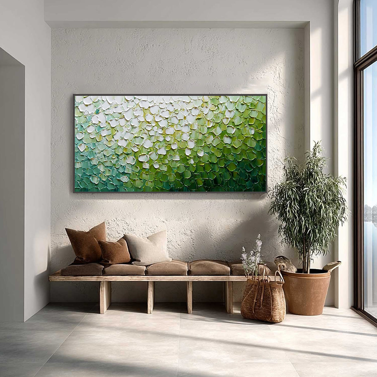 VERDANT BLOOM: Large Green And White Abstract Impasto Painting