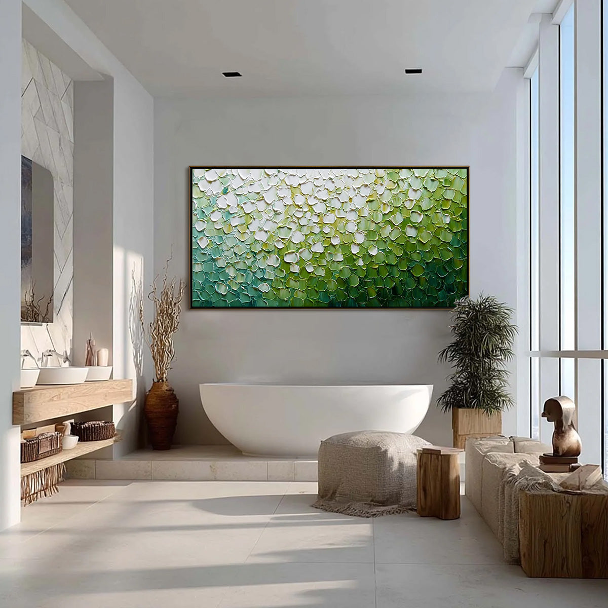Large green and white original abstract impasto wall art with thick texture.