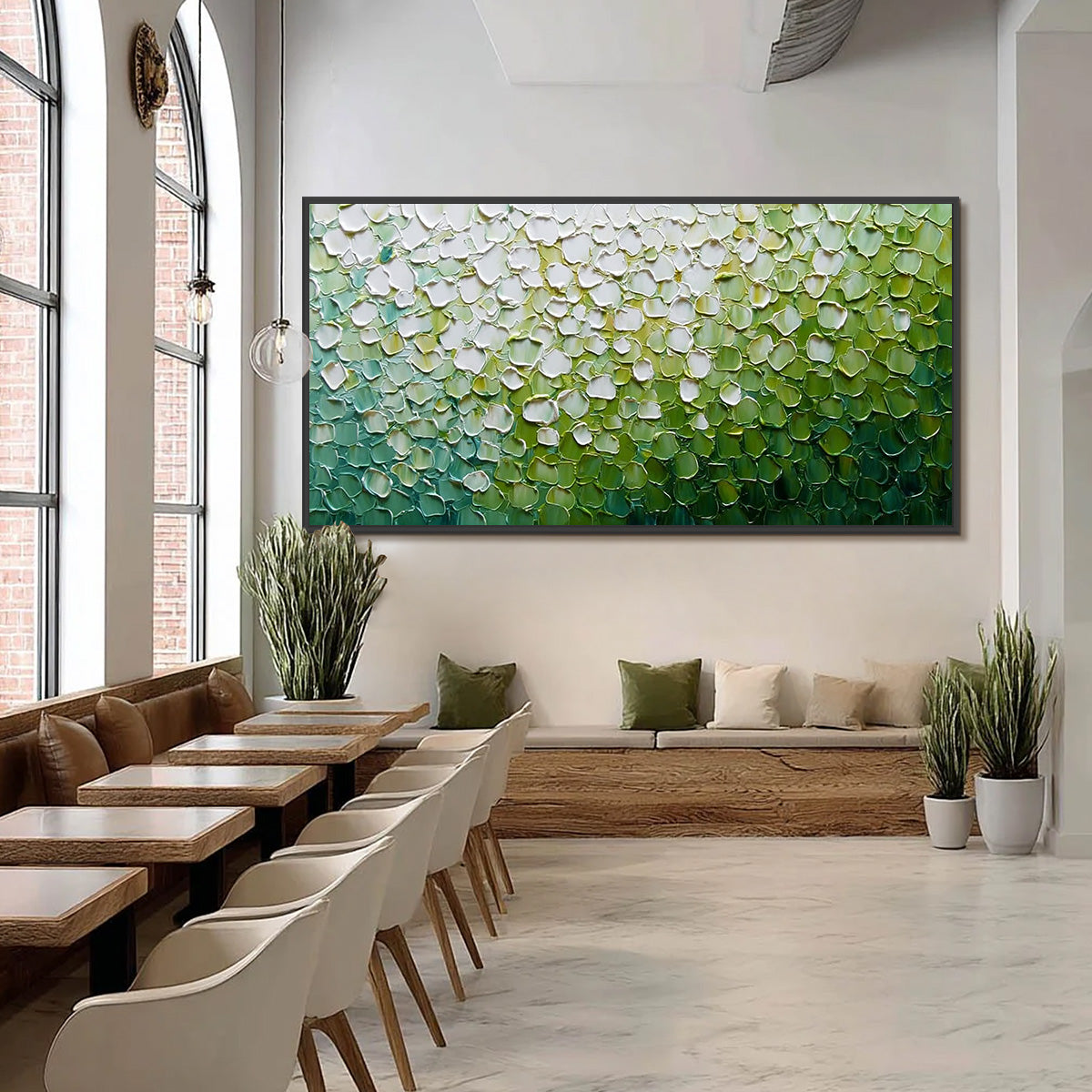 VERDANT BLOOM original impasto painting: textured green and white abstract art.