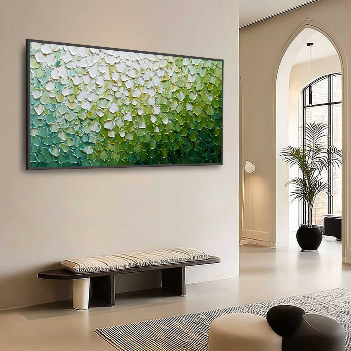 VERDANT BLOOM: Large green white abstract impasto oil painting, modern wall art.