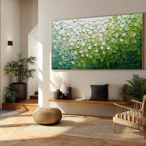 Large original impasto abstract wall art, green and white textured oil painting.