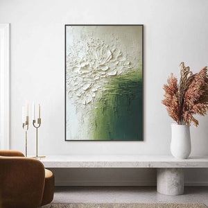 VERDANT BLOOM: Textured Green and White Wabi Sabi Abstract Painting