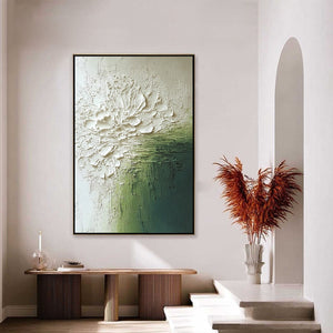 VERDANT BLOOM: Textured Green and White Wabi Sabi Abstract Painting