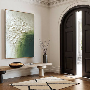 VERDANT BLOOM: Textured Green and White Wabi Sabi Abstract Painting