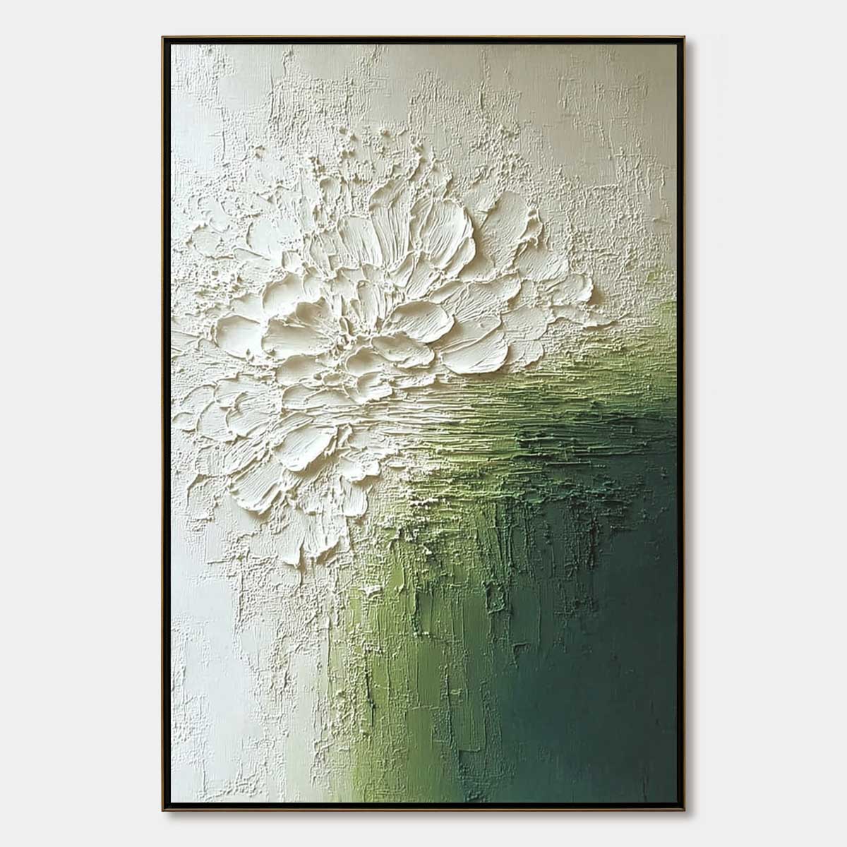 VERDANT BLOOM: Textured Green and White Wabi Sabi Abstract Painting
