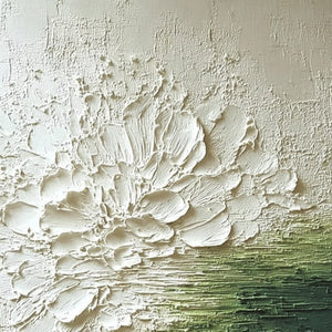 VERDANT BLOOM: Textured Green and White Wabi Sabi Abstract Painting