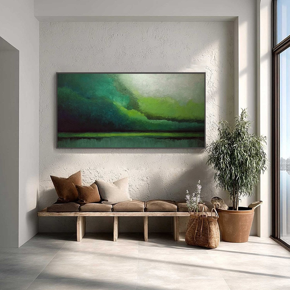 VERDANT CALM: Large Green Abstract Landscape Textured Oil Painting