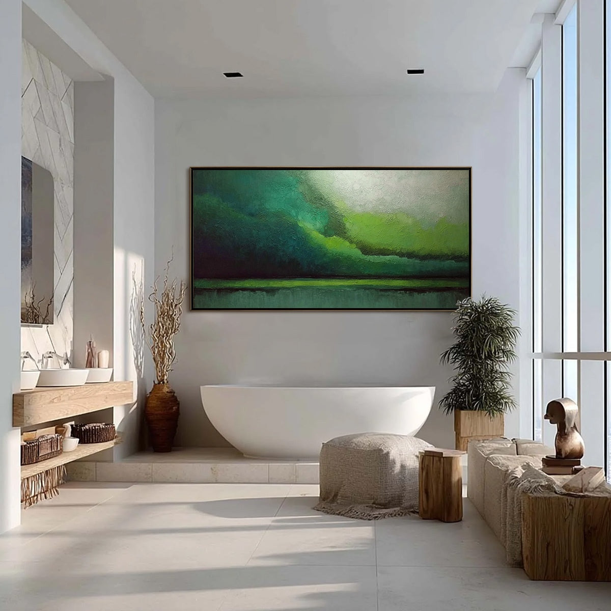VERDANT CALM: Large Green Abstract Landscape Textured Oil Painting