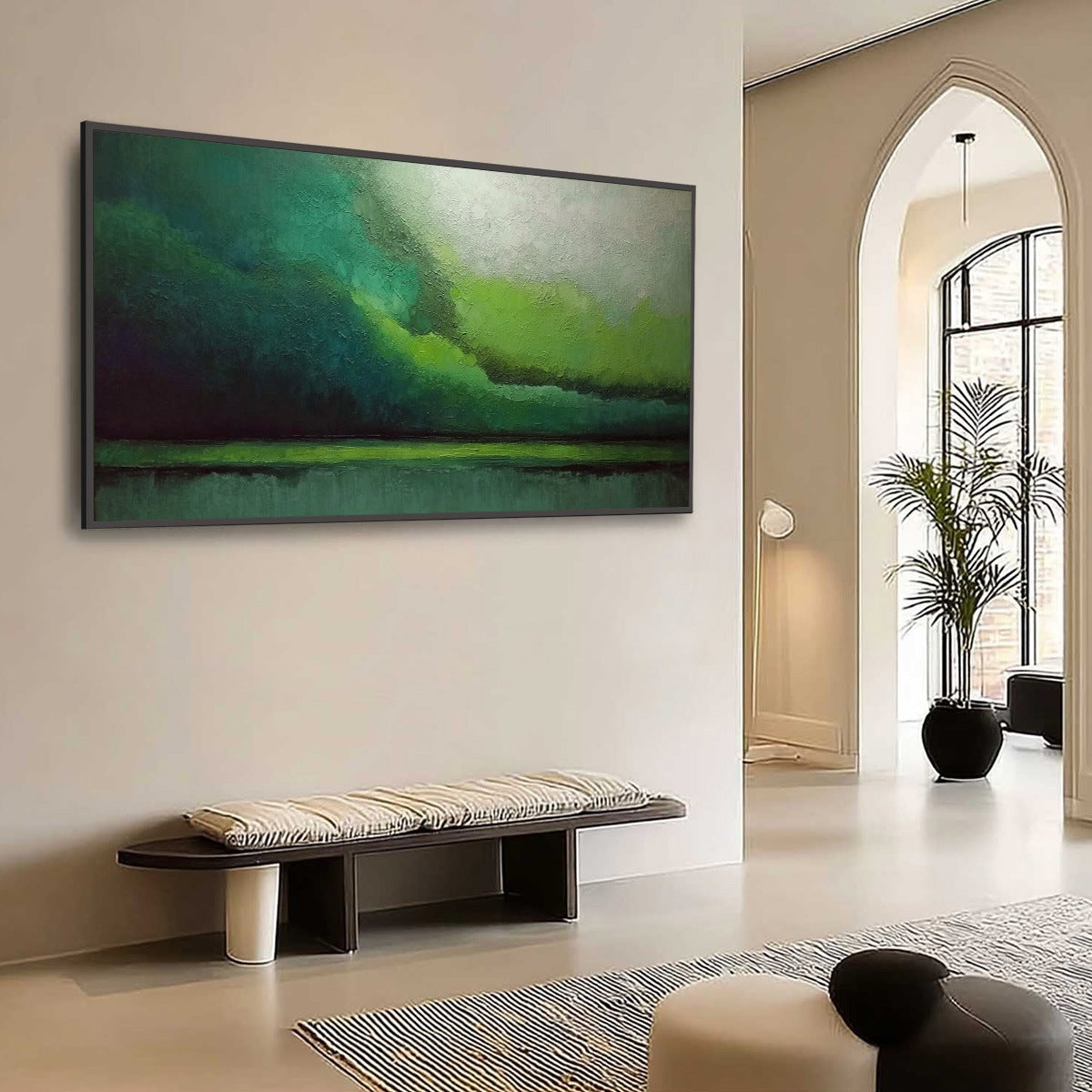 VERDANT CALM: Large Green Abstract Landscape Textured Oil Painting