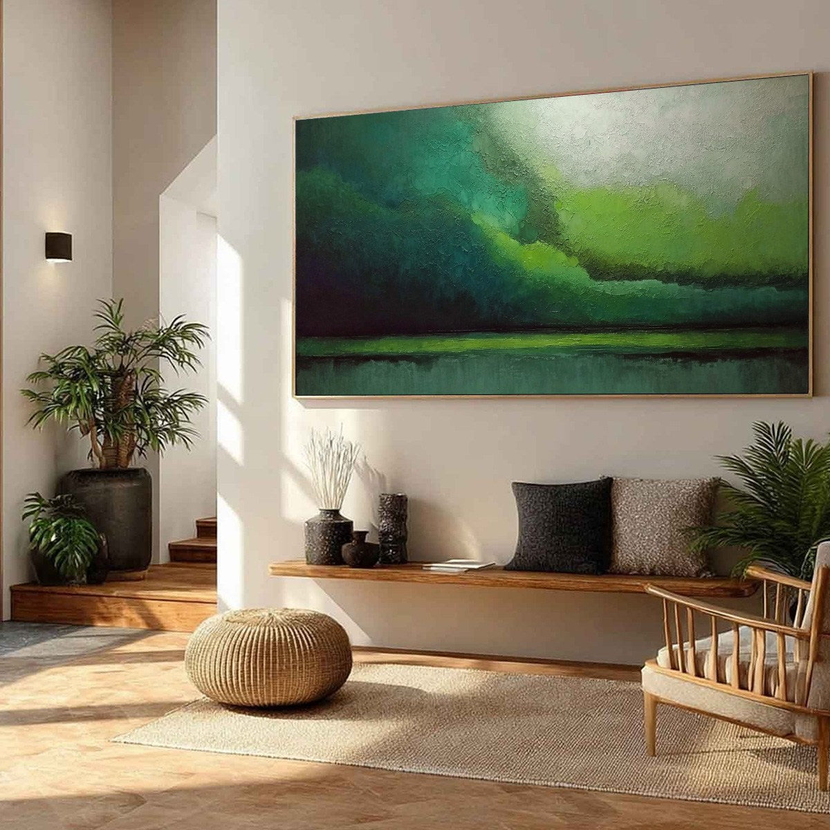 VERDANT CALM: Large Green Abstract Landscape Textured Oil Painting