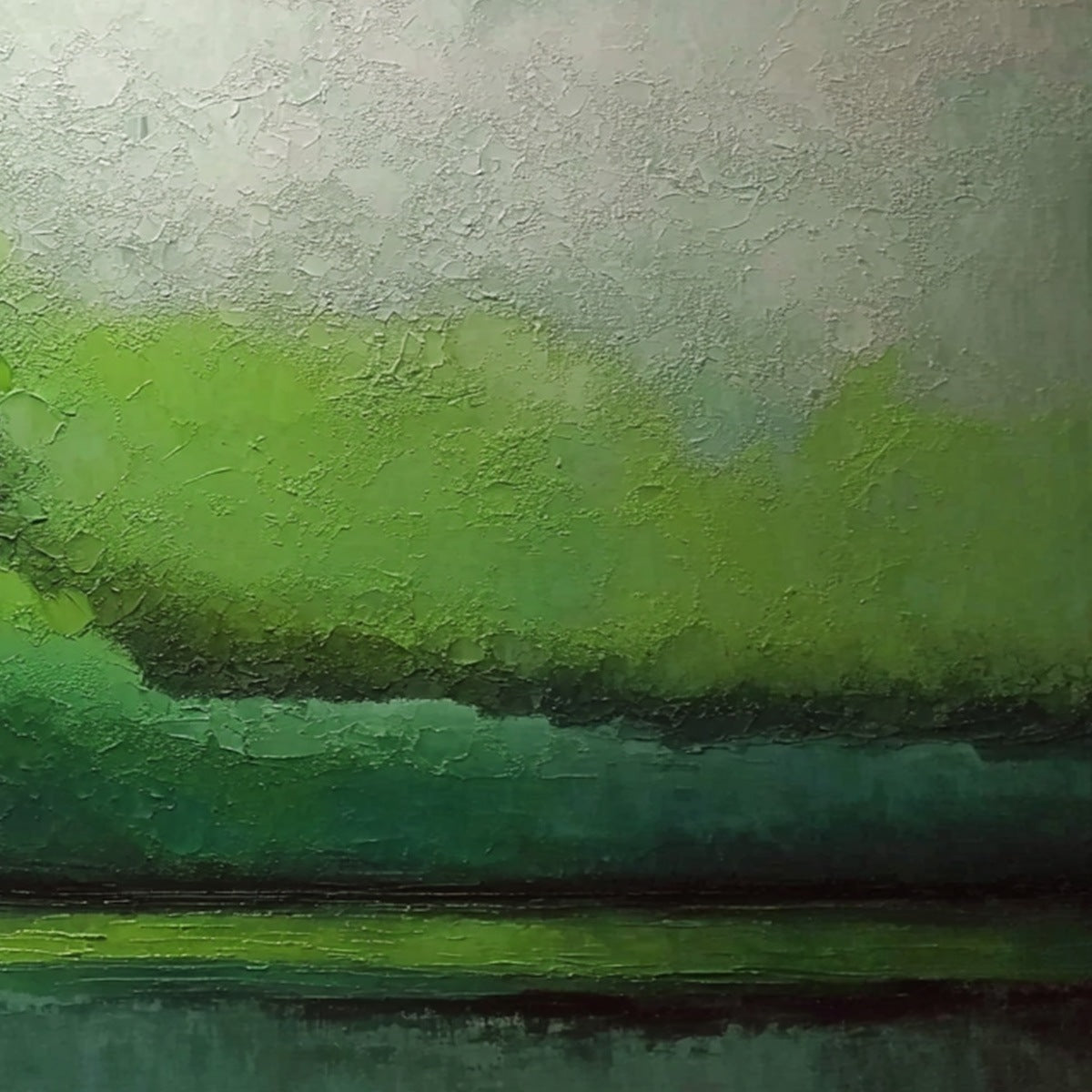 VERDANT CALM: Large Green Abstract Landscape Textured Oil Painting