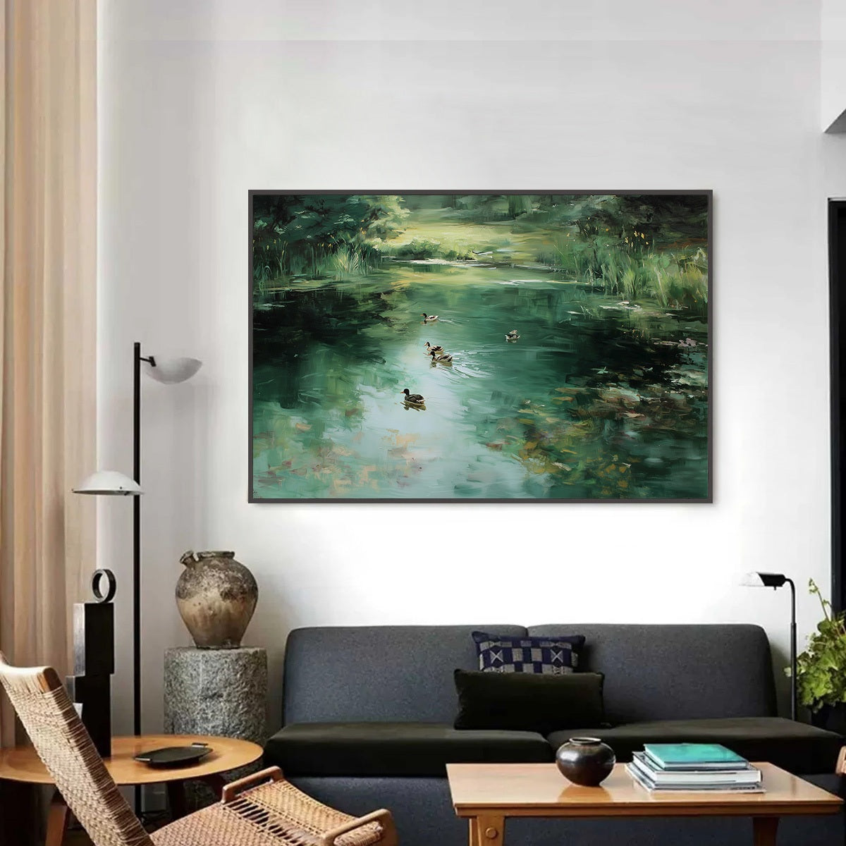 VERDANT DRIFT: Impressionistic Green Pond with Ducks Oil Painting