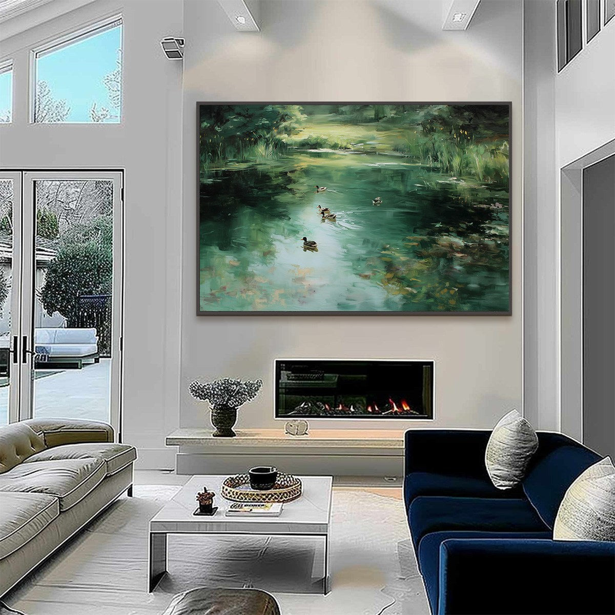 VERDANT DRIFT: Impressionistic Green Pond with Ducks Oil Painting