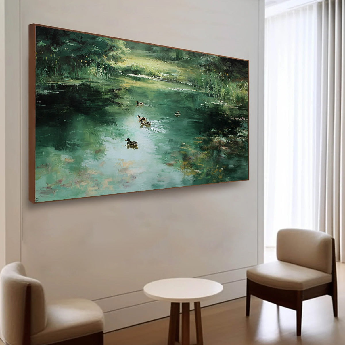 VERDANT DRIFT: Impressionistic Green Pond with Ducks Oil Painting