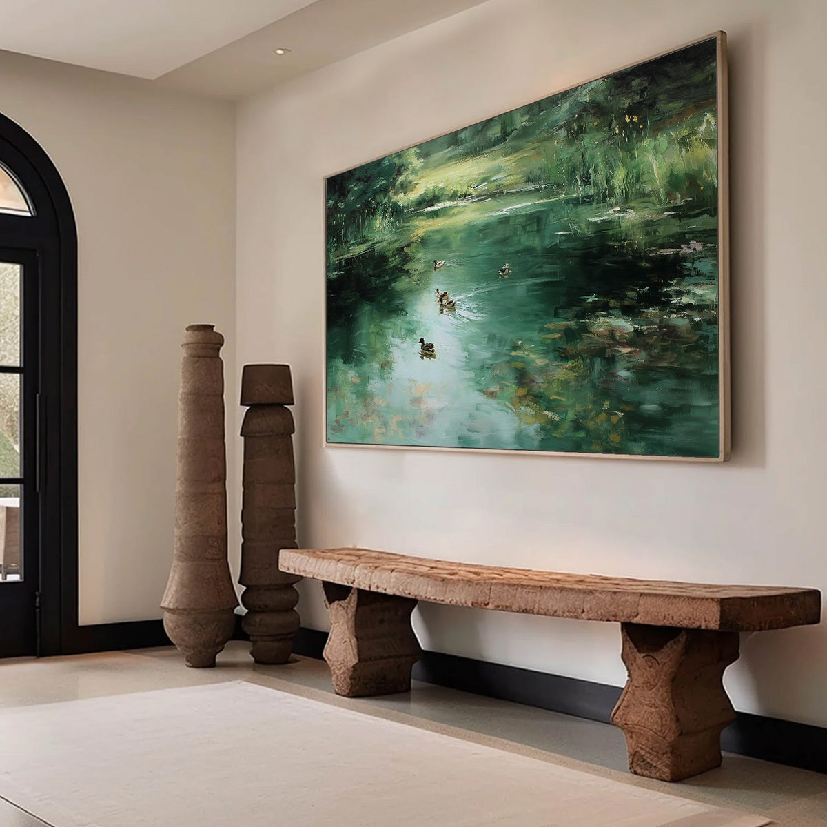 VERDANT DRIFT: Impressionistic Green Pond with Ducks Oil Painting