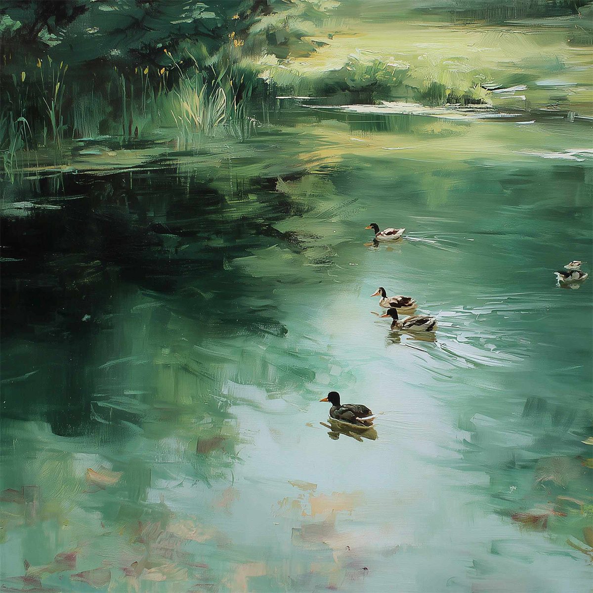 VERDANT DRIFT: Impressionistic Green Pond with Ducks Oil Painting