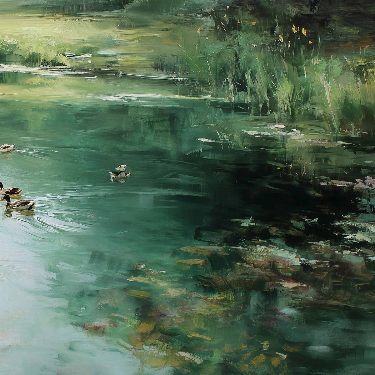VERDANT DRIFT: Impressionistic Green Pond with Ducks Oil Painting