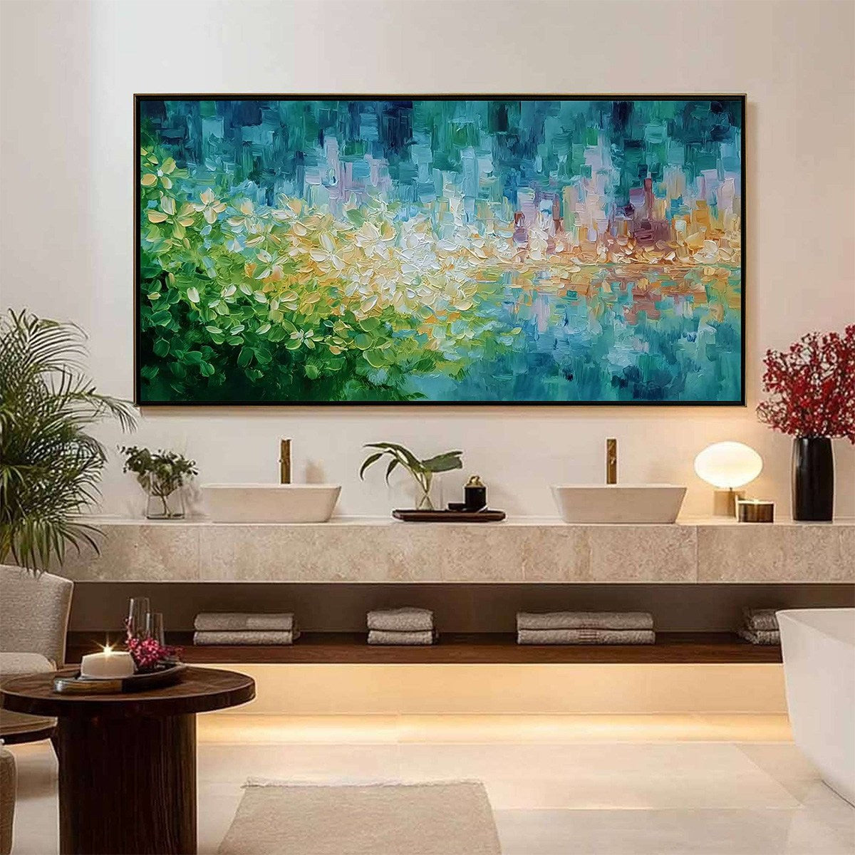 VERDANT ECHO: Textured Impasto Painting of a Lakeside Reflection