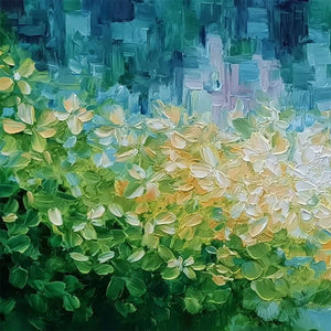 VERDANT ECHO: Textured Impasto Painting of a Lakeside Reflection