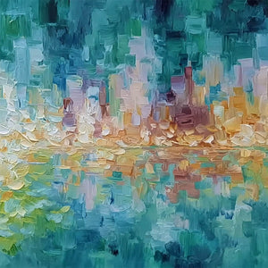 VERDANT ECHO: Textured Impasto Painting of a Lakeside Reflection
