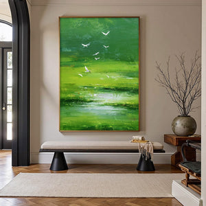VERDANT FLIGHT: Textured Green Landscape Painting of a Serene Marsh