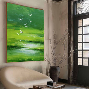 VERDANT FLIGHT: Textured Green Landscape Painting of a Serene Marsh