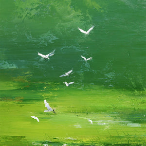 VERDANT FLIGHT: Textured Green Landscape Painting of a Serene Marsh