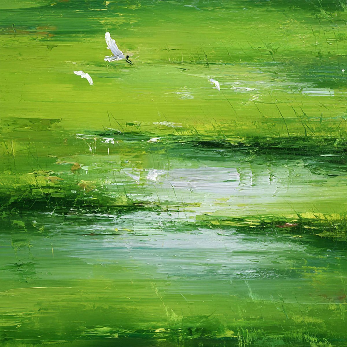 Verdant Flight: Green Abstract Landscape Oil Painting with Birds
