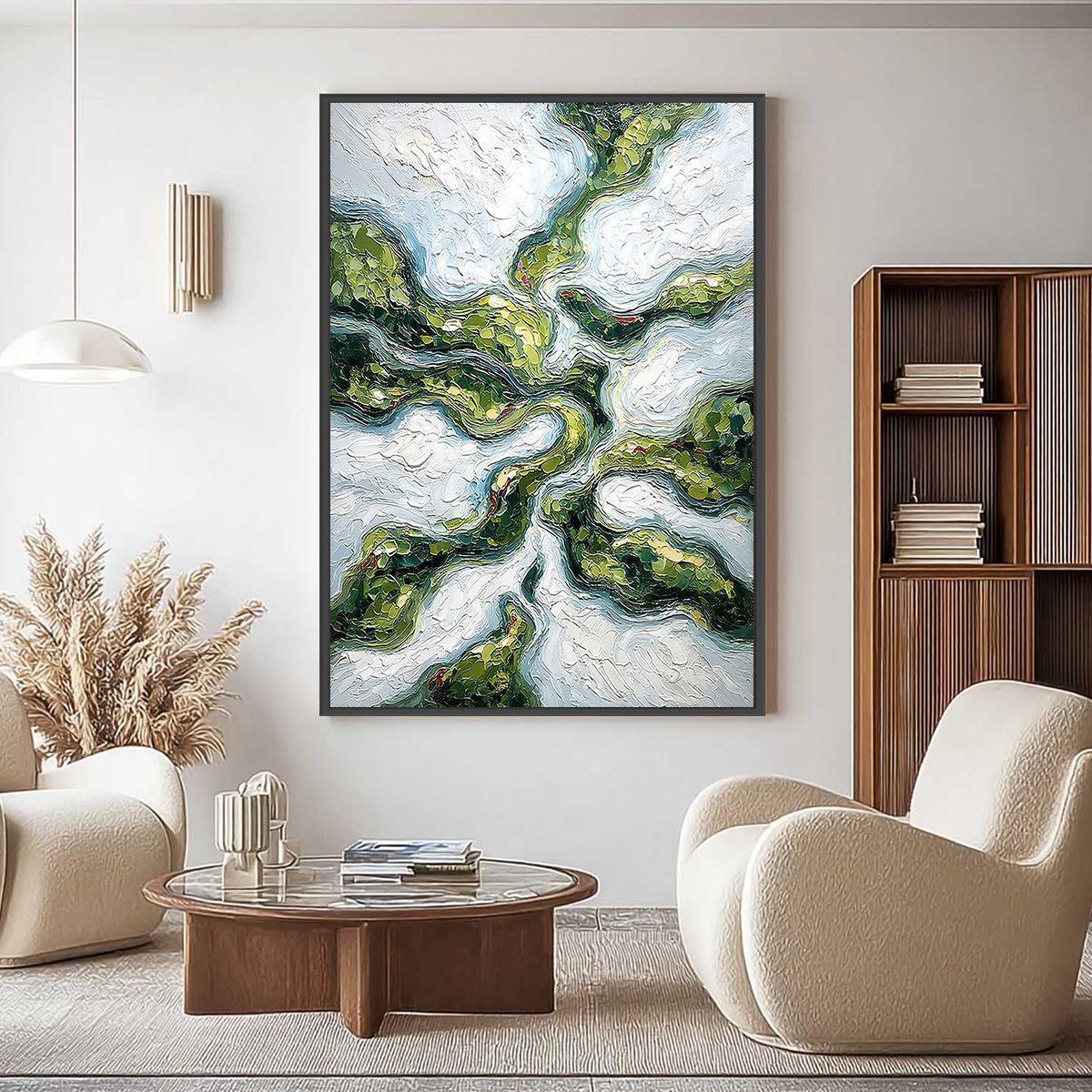 VERDANT FLOW: Abstract Green Impasto Landscape Oil Painting