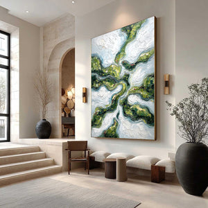 VERDANT FLOW: Abstract Green Impasto Landscape Oil Painting