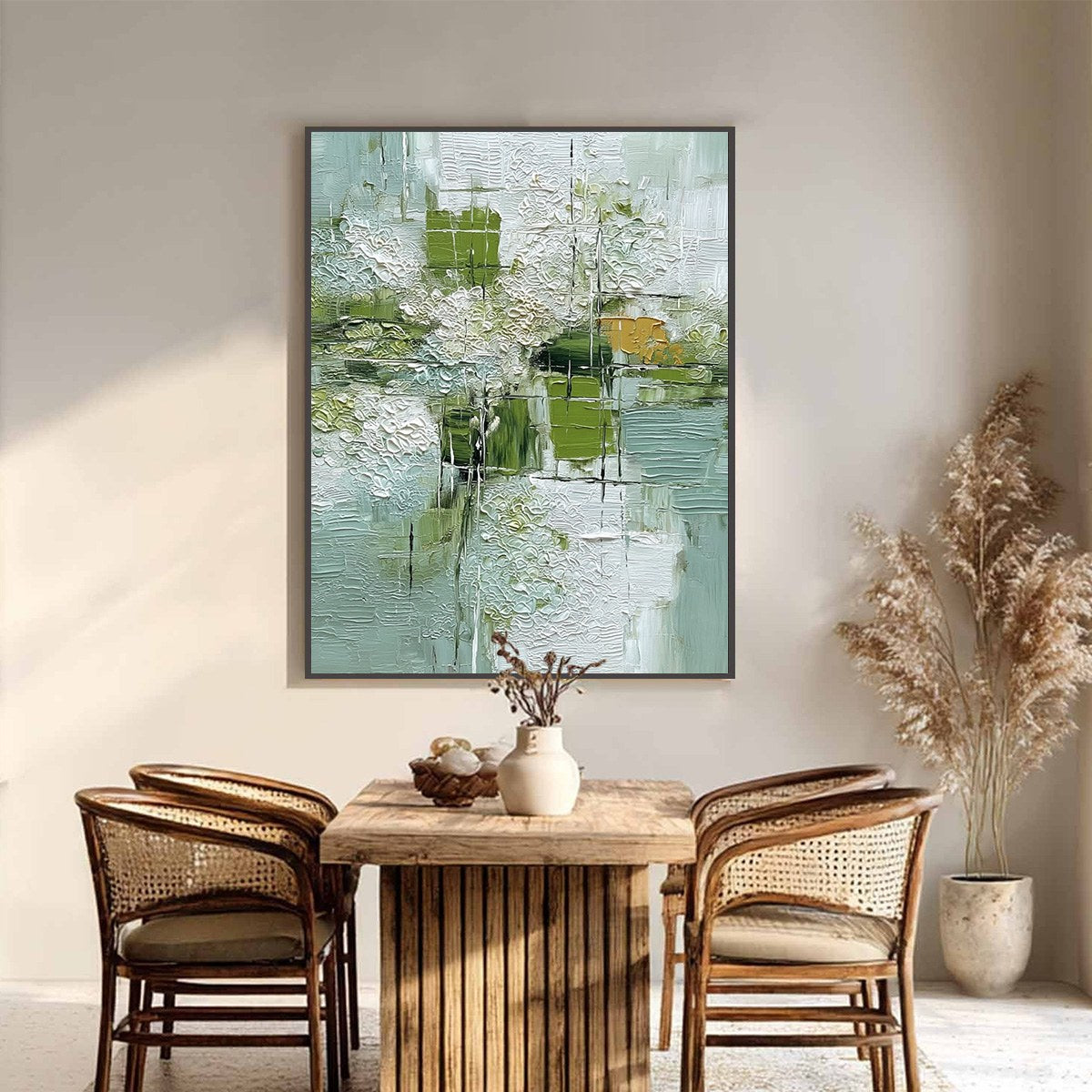 VERDANT GRID: Textured Green and White Wabi Sabi Abstract Painting