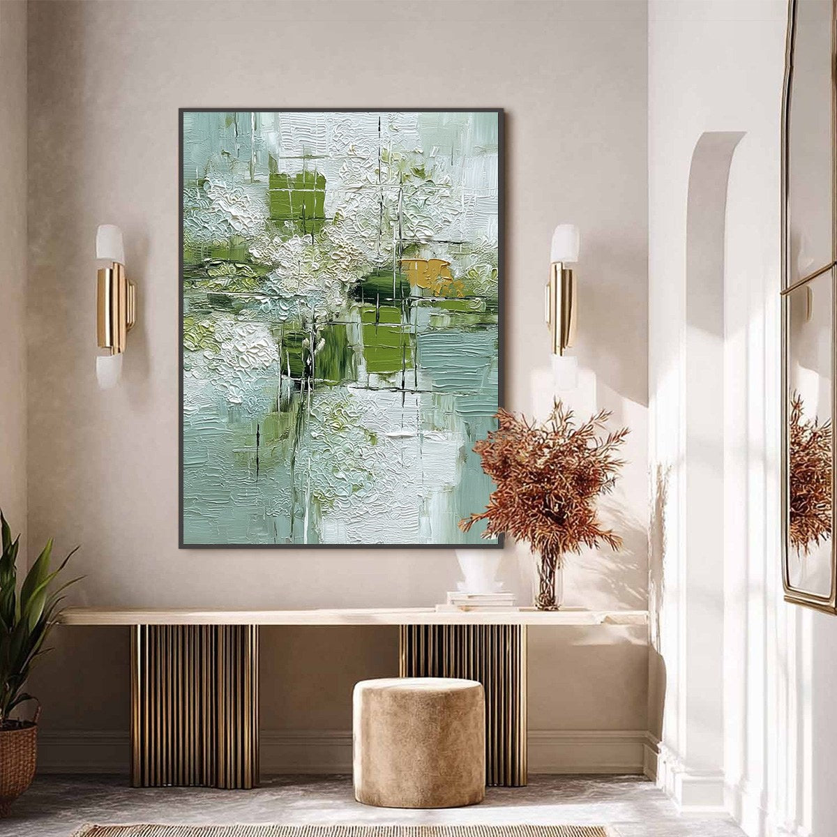 VERDANT GRID: Textured Green and White Wabi Sabi Abstract Painting