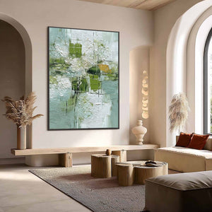 VERDANT GRID: Textured Green and White Wabi Sabi Abstract Painting